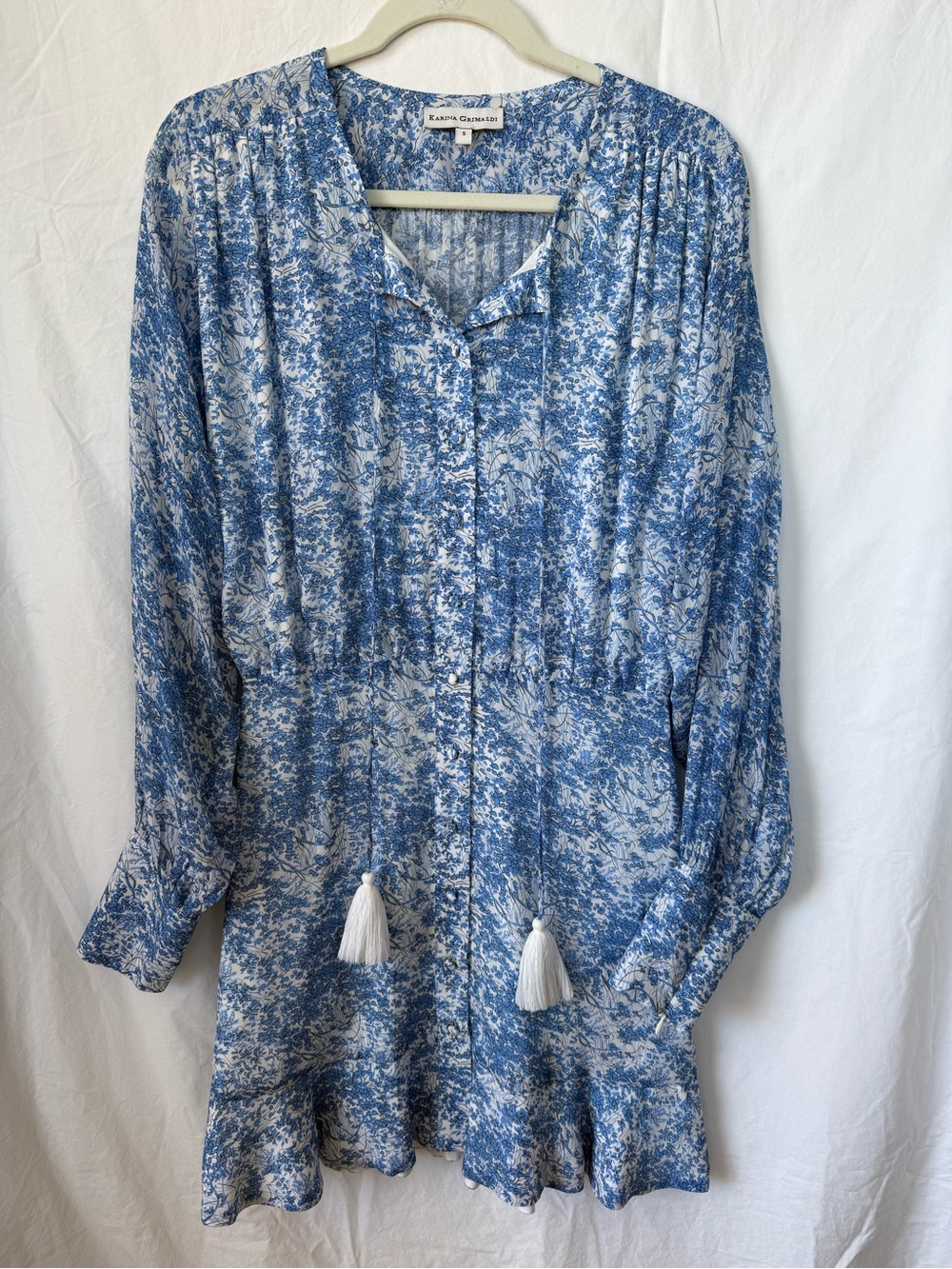 Karina Grimaldi Blue Floral Long Sleeve Tassel Mini Dress - Size Small